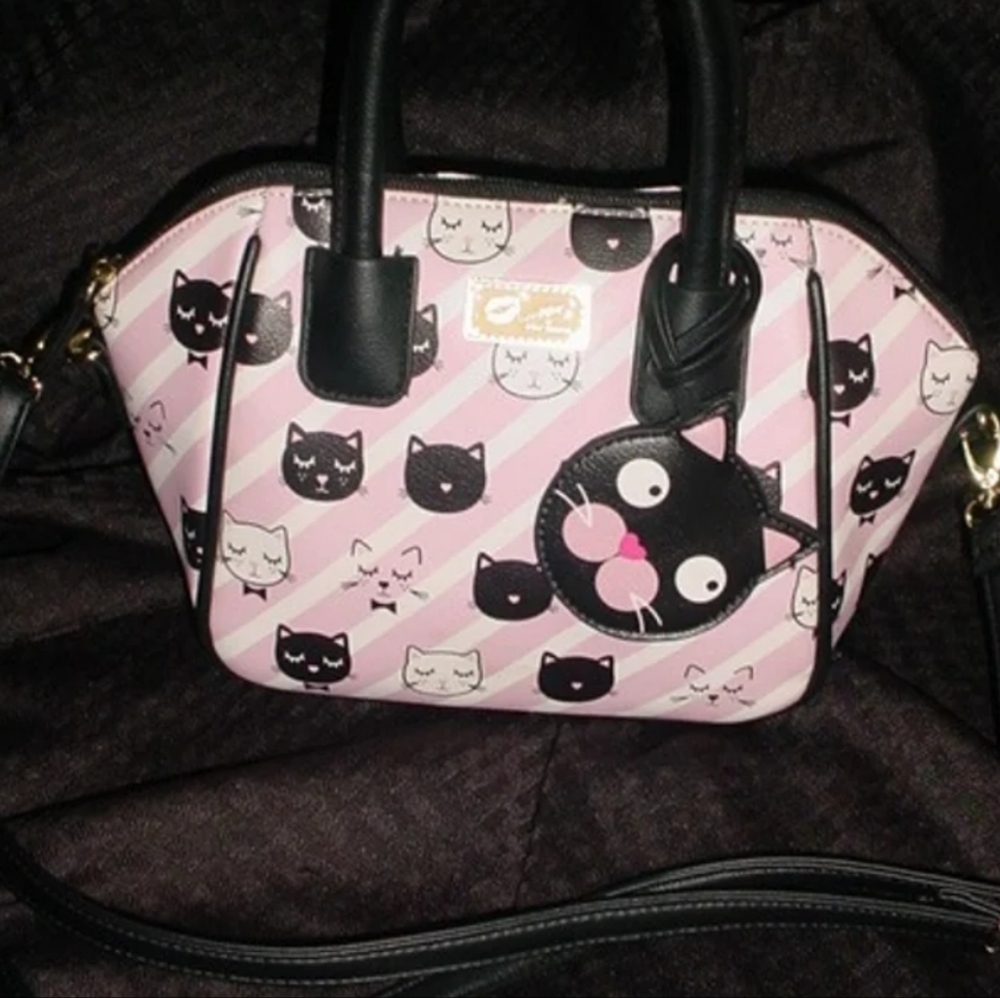 Betsey Johnson Cat Pink White Stripe Crossbody Bag